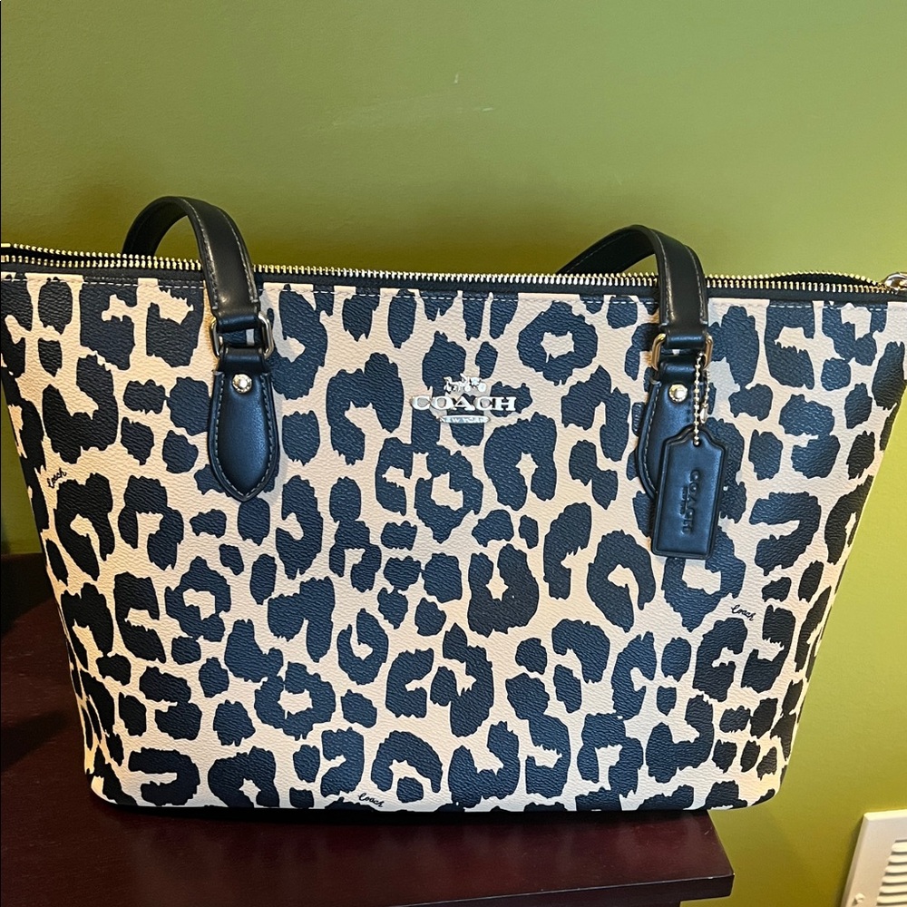 Coach Leopard Print Tote in Black and Cream